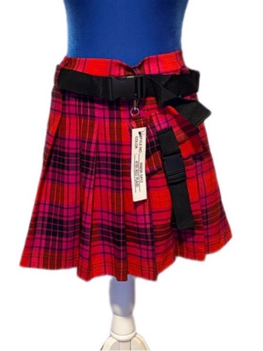 Red Plaid Pleated Mini Skirt w/Buckle Belt - Y2K Goth Grunge Punk Style Medium